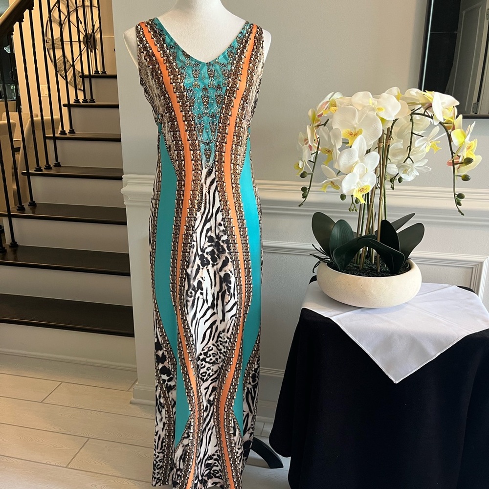 VENUS Teal and Orange Maxi Dress with Animal Print (Never Worn New Without Tags)